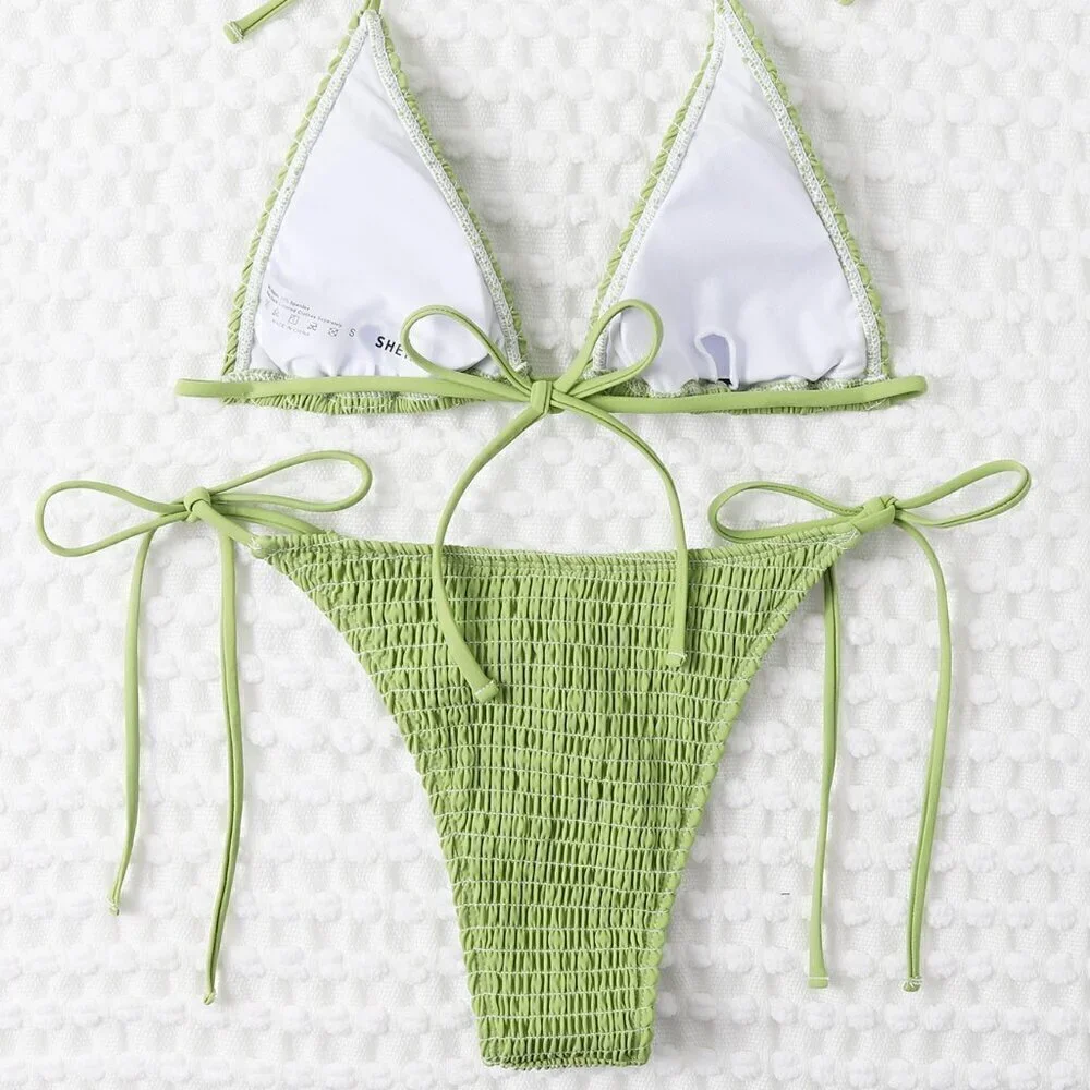 Olive Green Sexy Women's Summer Beach Mono Bikini Set Smocked Micro Triangle Bra